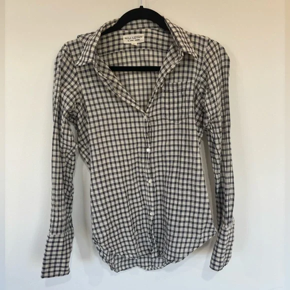 Nili Lotan Gingham Plaid Long Sleeve Button Front Shirt in Blue and Off- White - Picture 1 of 4